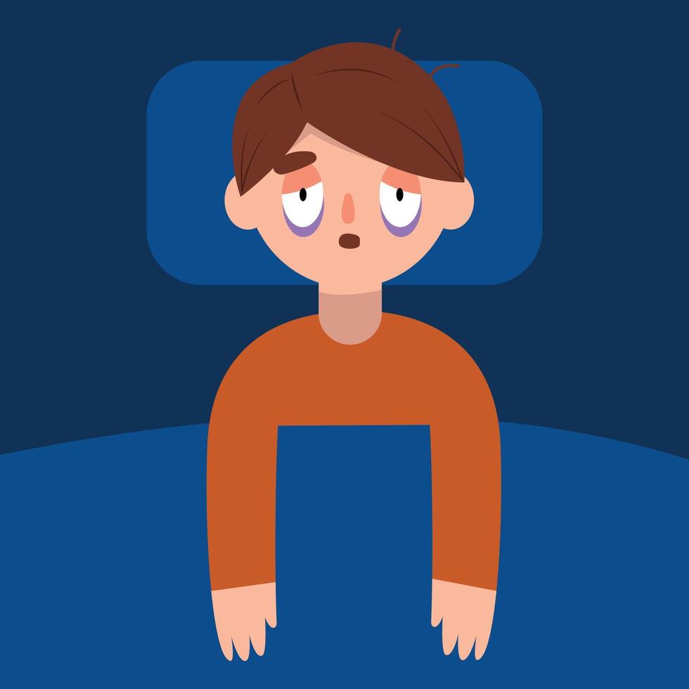 Man or boy cartoon suffering on the bed can not sleep. insomnia and sleeplessness. Mental health vector