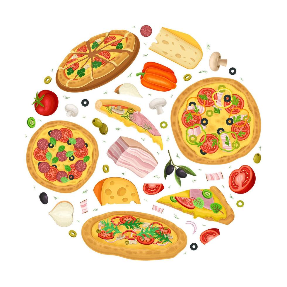 Colorful assortment of different pizzas vector
