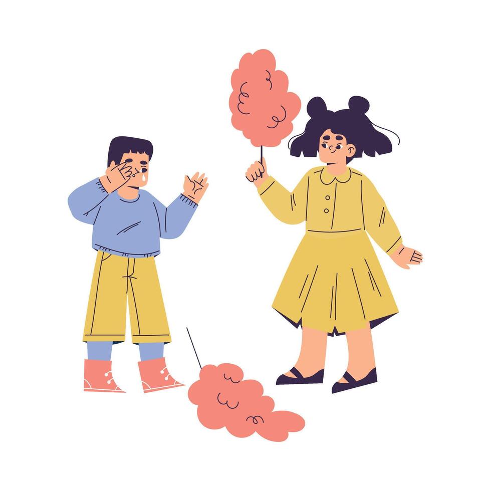 Polite Girl Character Give Candy Floss to Crying Friend Having Good Manners Illustration vector