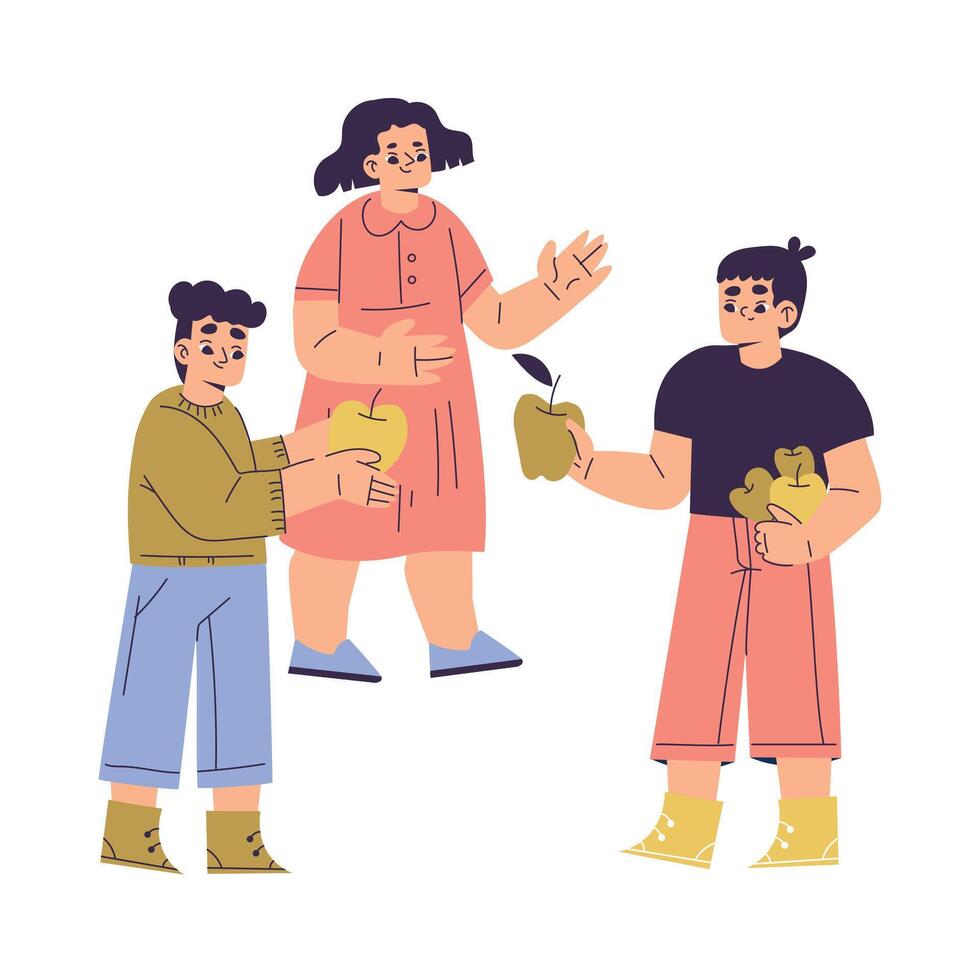 Polite Boy Character Share Apples with Friend Having Good Manners Illustration vector