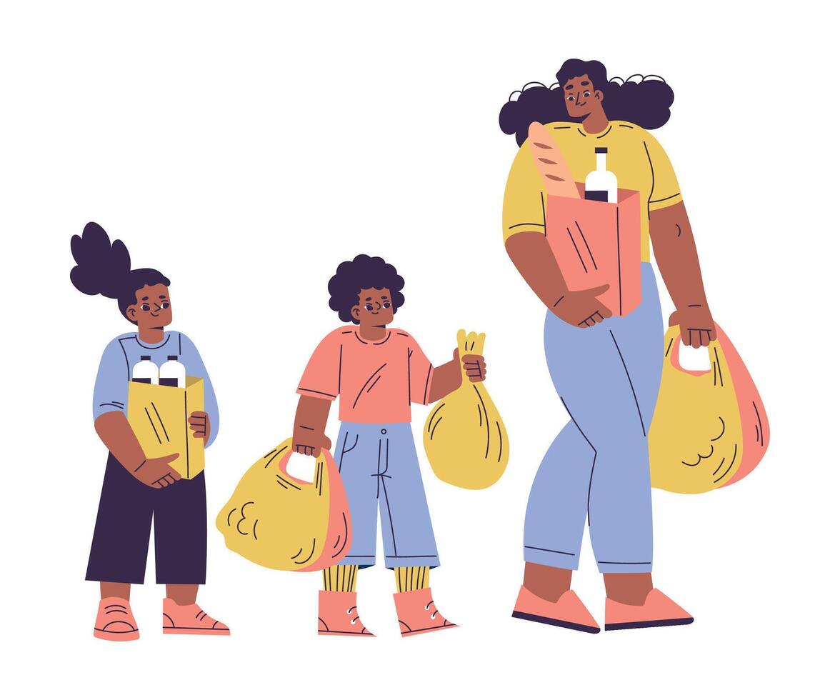 Polite Boy and Girl Character Carry Shopping Bag Help Mom Having Good Manners Illustration vector