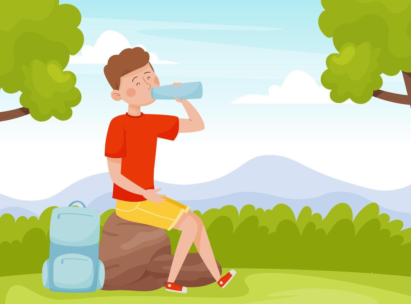 Man Hiking with Backpack Sit on Stone Drink Water Enjoy Vacation Illustration vector