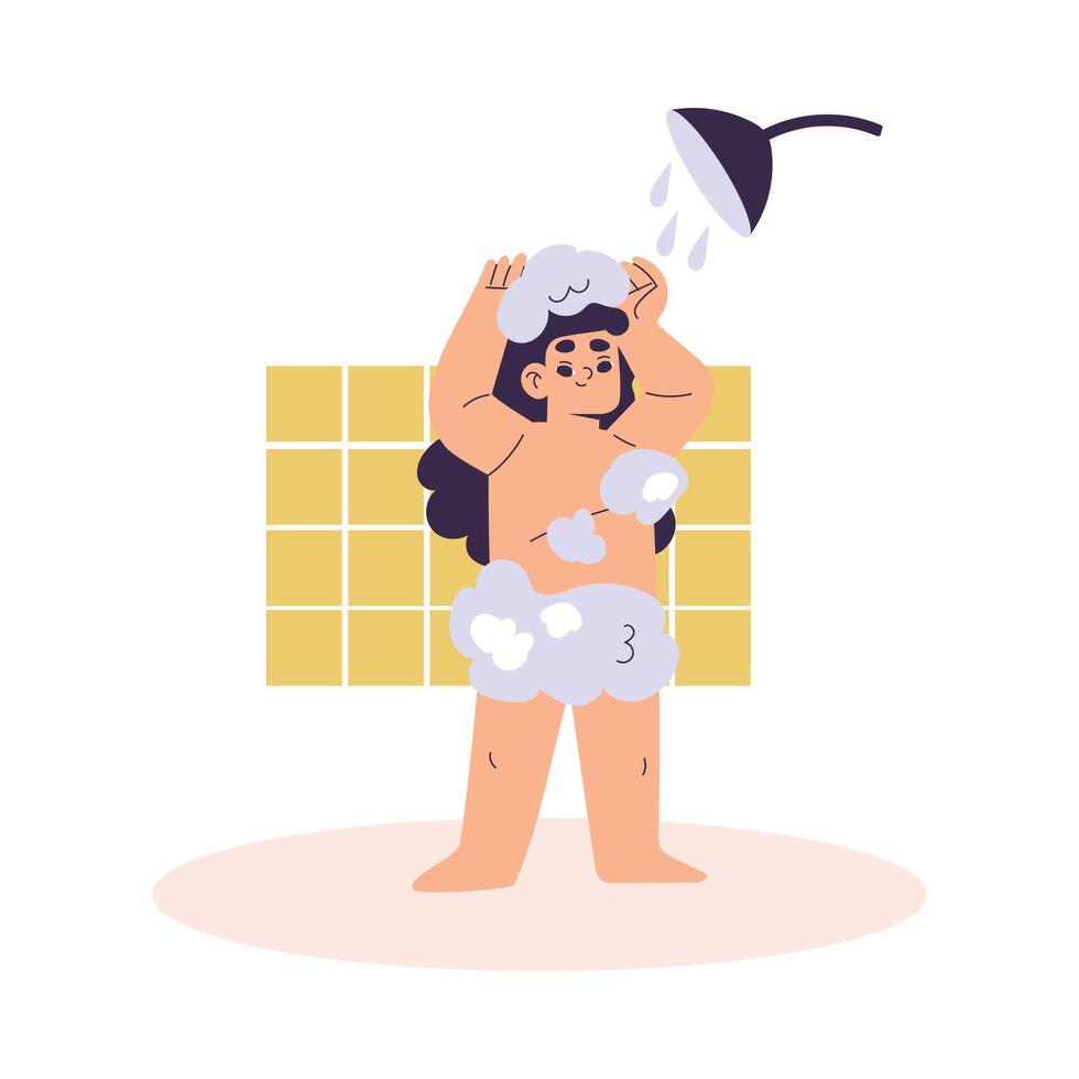 Personal Care with Girl Character Take Shower Enjoy Grooming Procedure Illustration vector