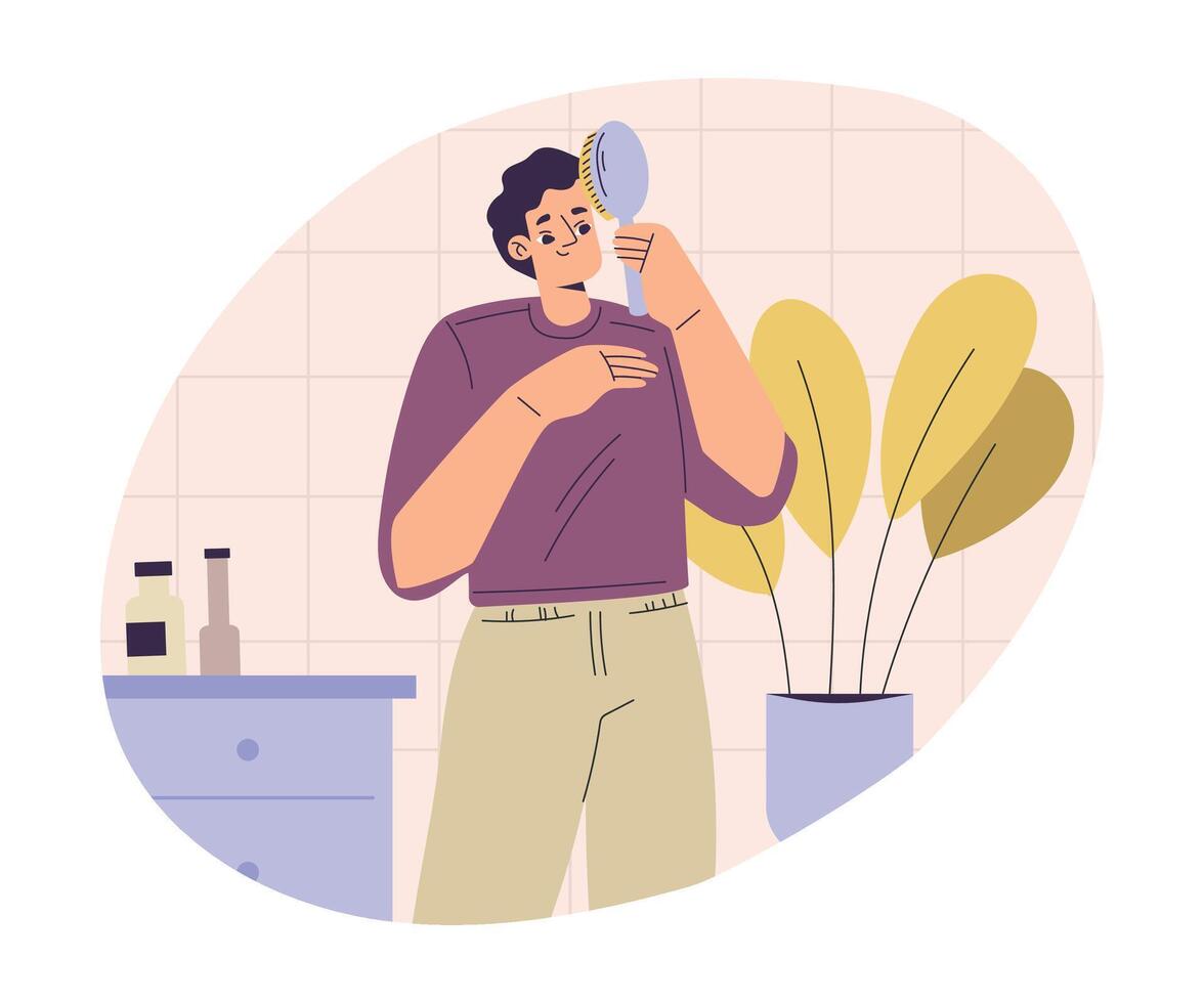 Personal Care with Man Character Brushing His Hair Enjoy Grooming Procedure Illustration vector