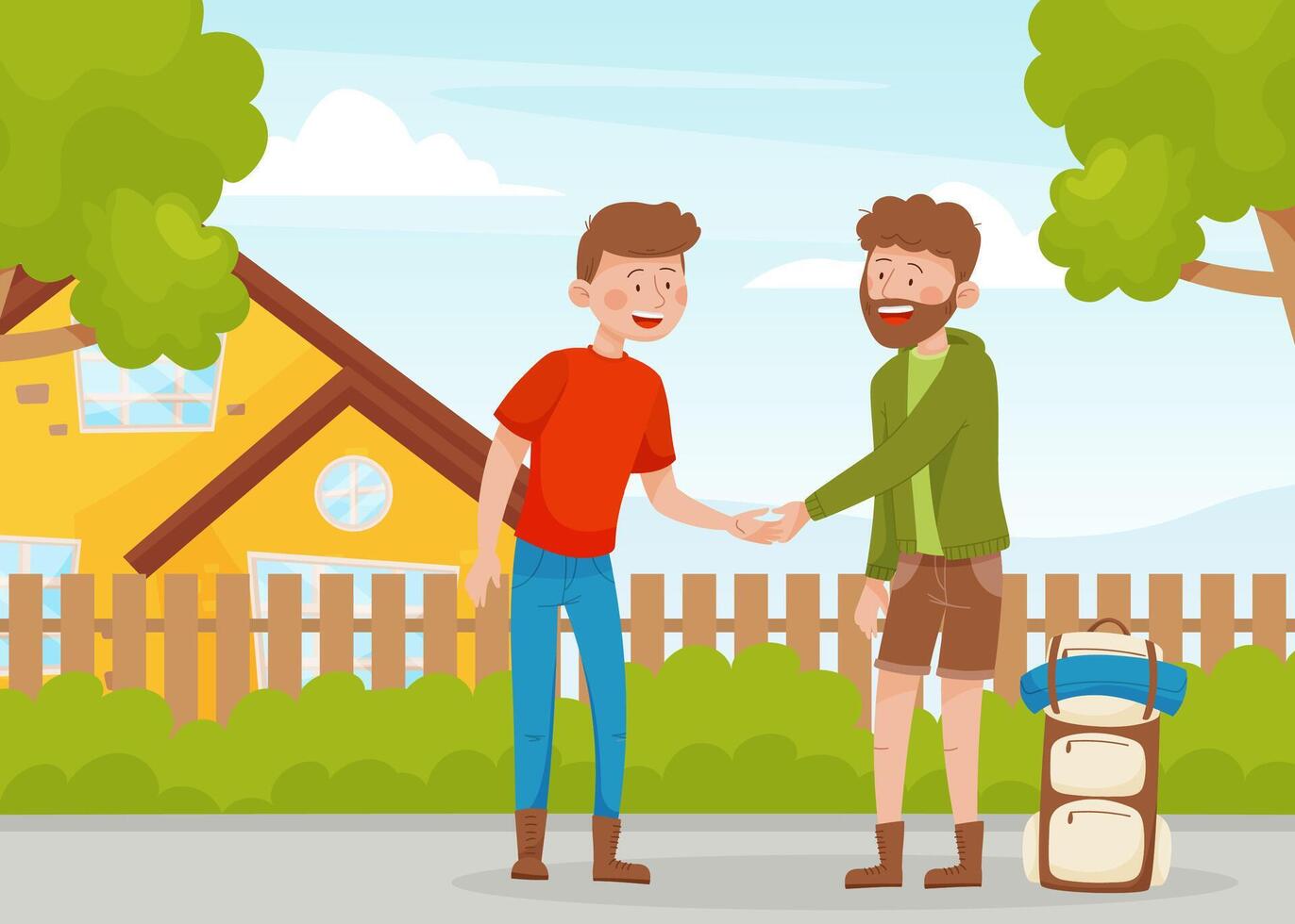 Man Friend Handshake Travel with Backpack Enjoy Vacation Illustration vector