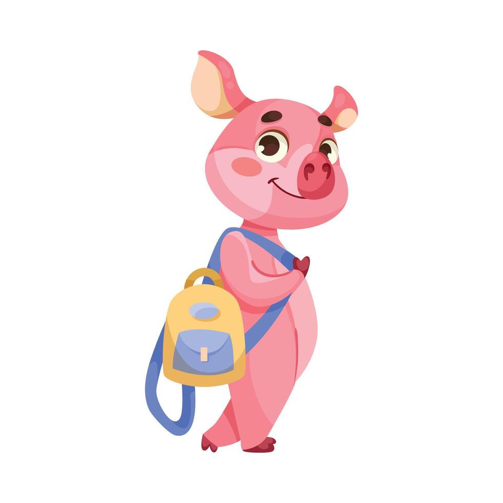 Pink Piglet Character with Hoof Stand with Backpack Illustration vector