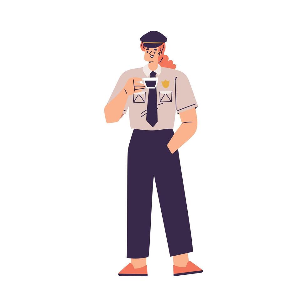 Policewoman Character in Uniform with Tie Drink Coffee Illustration vector