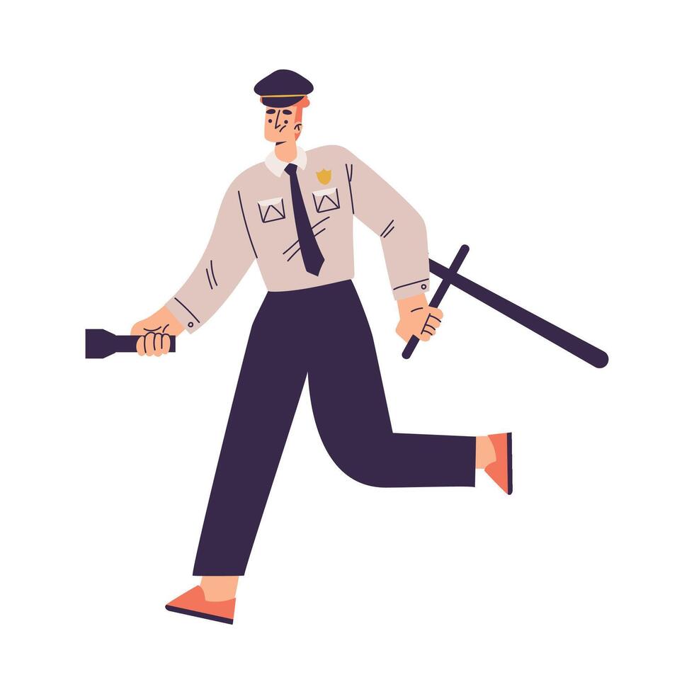 Policeman Character in Uniform with Tie Run with Baton and Flashlight Illustration vector