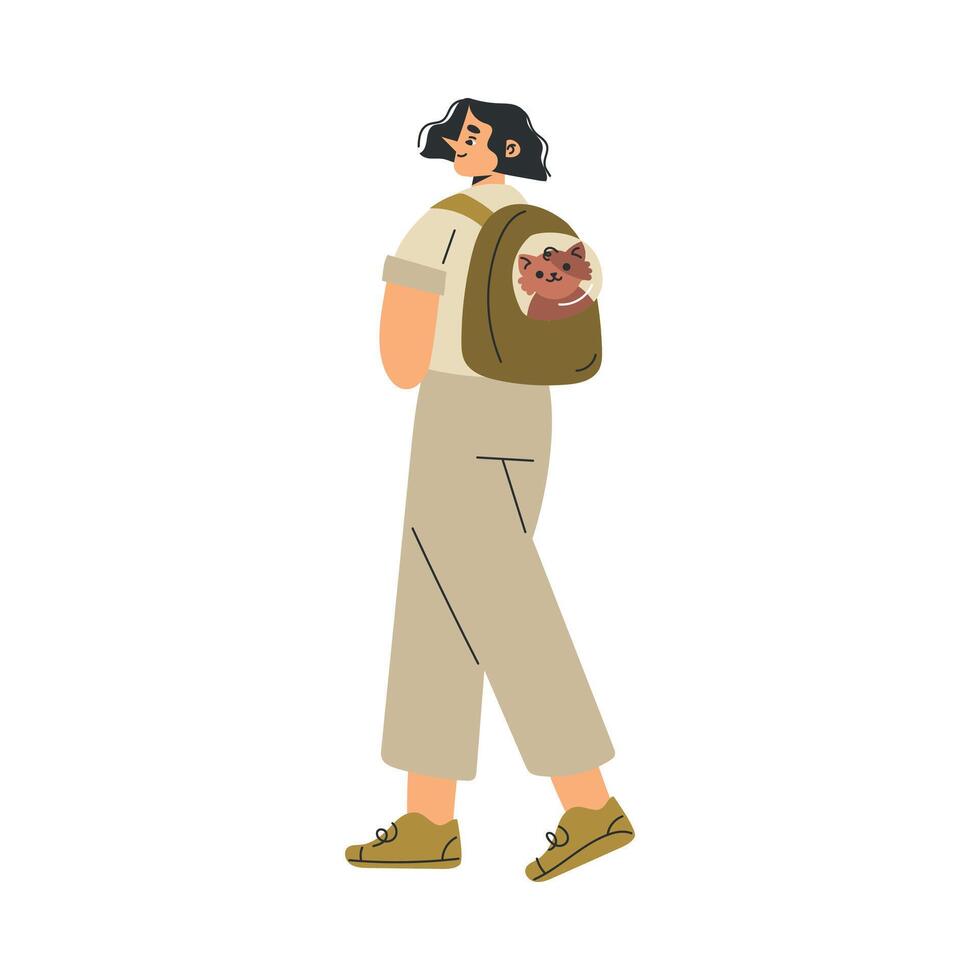 Woman Character with Cat Pet in Backpack as Domestic Animal Illustration vector