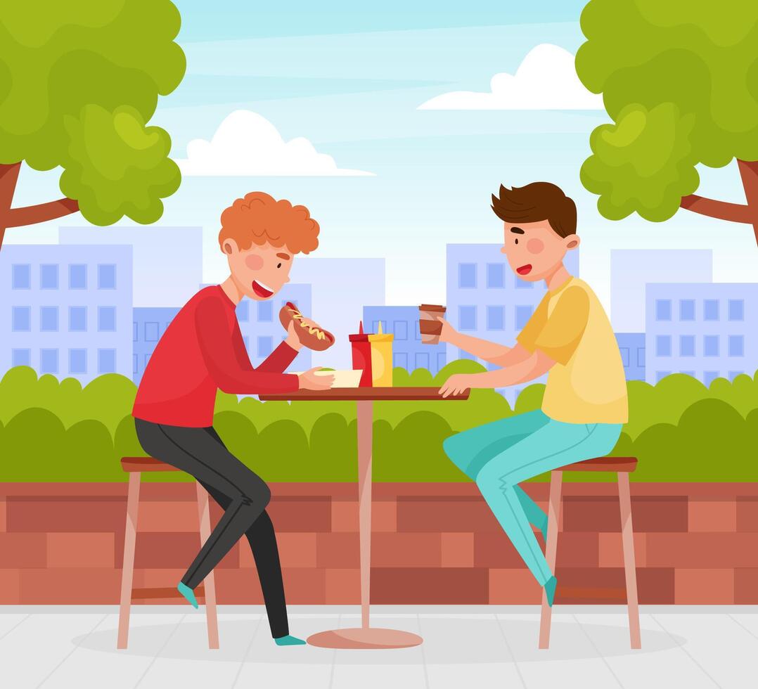 Street Food Cafe with Man Sit at Table Drink Coffee and Eat Hot Dog Illustration vector