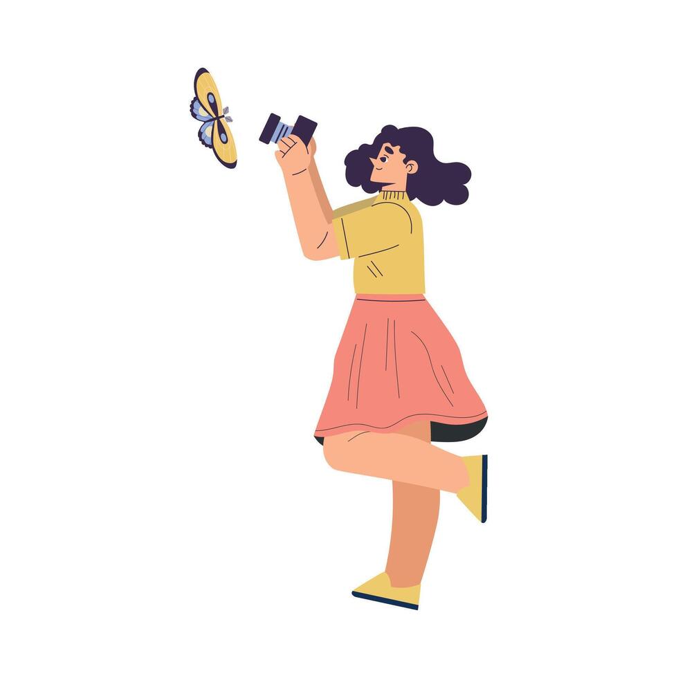 Woman Studying Insect Photographing Butterfly Exploring Nature Illustration vector