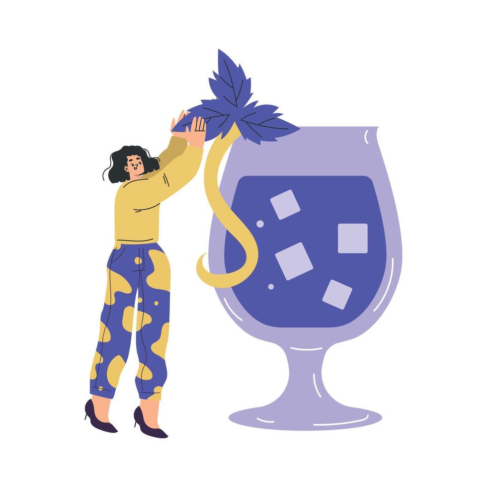 Woman Character with Big Cocktail Glass Add Mint Illustration vector