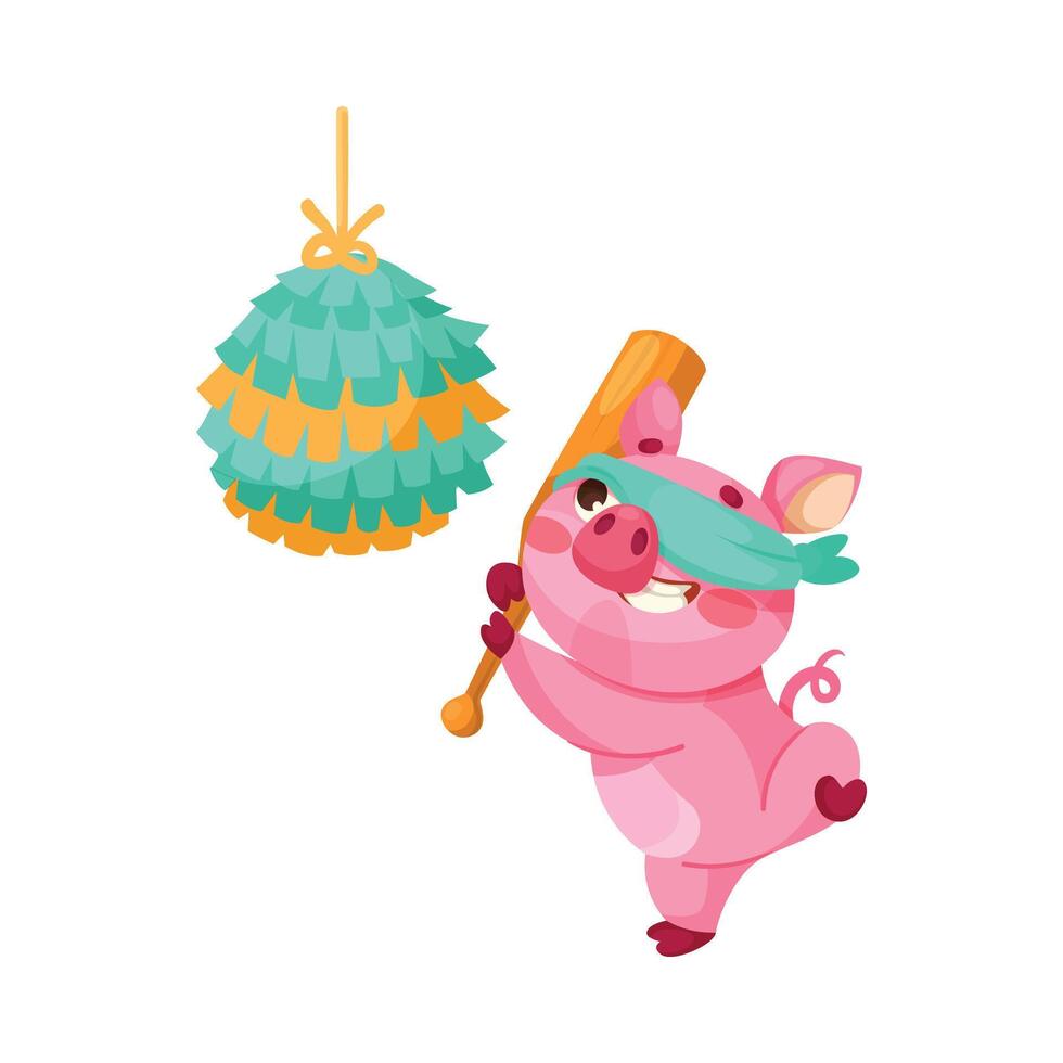 Pink Piglet Character Beat Pinata Toy with Bat Illustration vector
