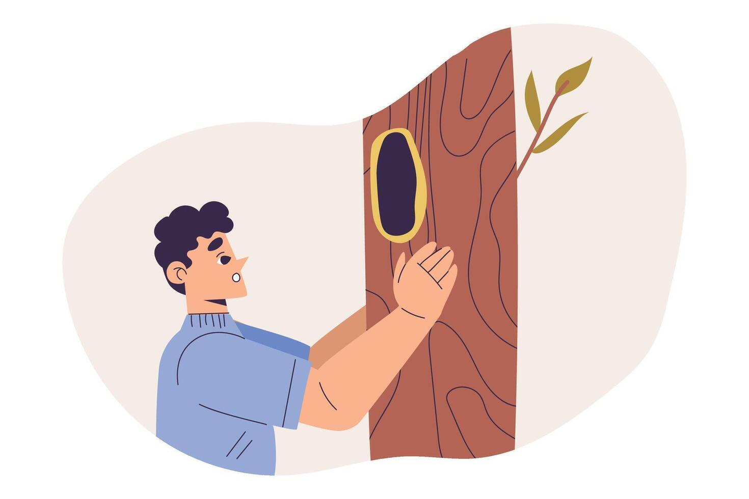 Boy Studying Plant Looking in Tree Hollow Exploring Nature Illustration vector