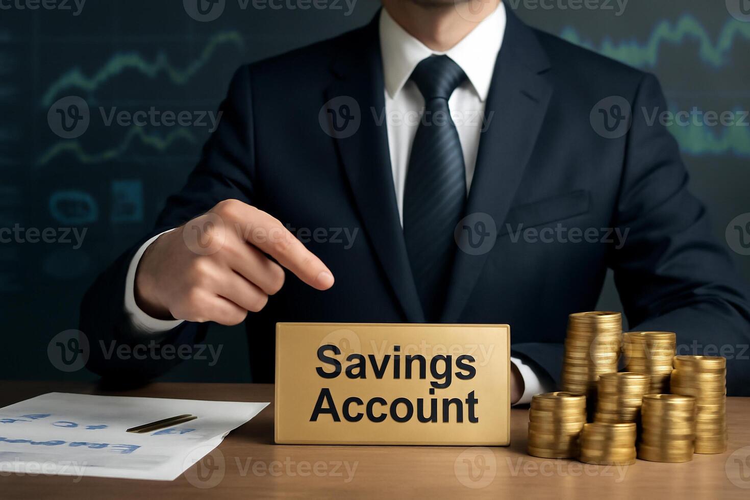 Man in suit holding savings account sign photo