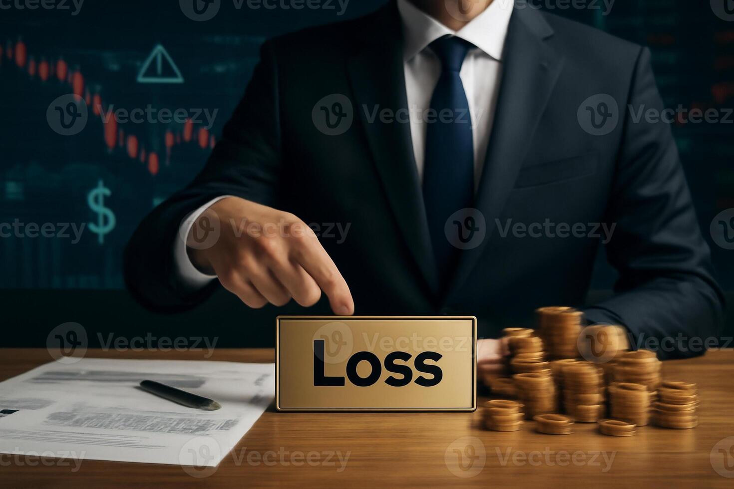 image of a businessman in a suit pointing at a golden metal plaque labeled Loss The desk is cluttered with documents, gold coins, and financial equipment, with a financial graph backdrop. photo