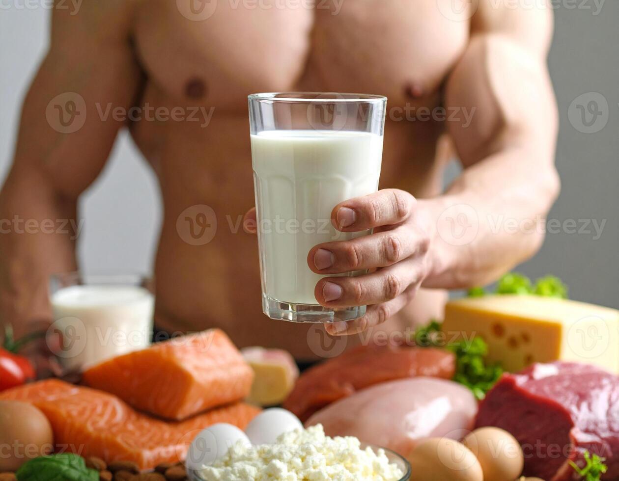 A man holding a glass of milk surrounded by various foods photo