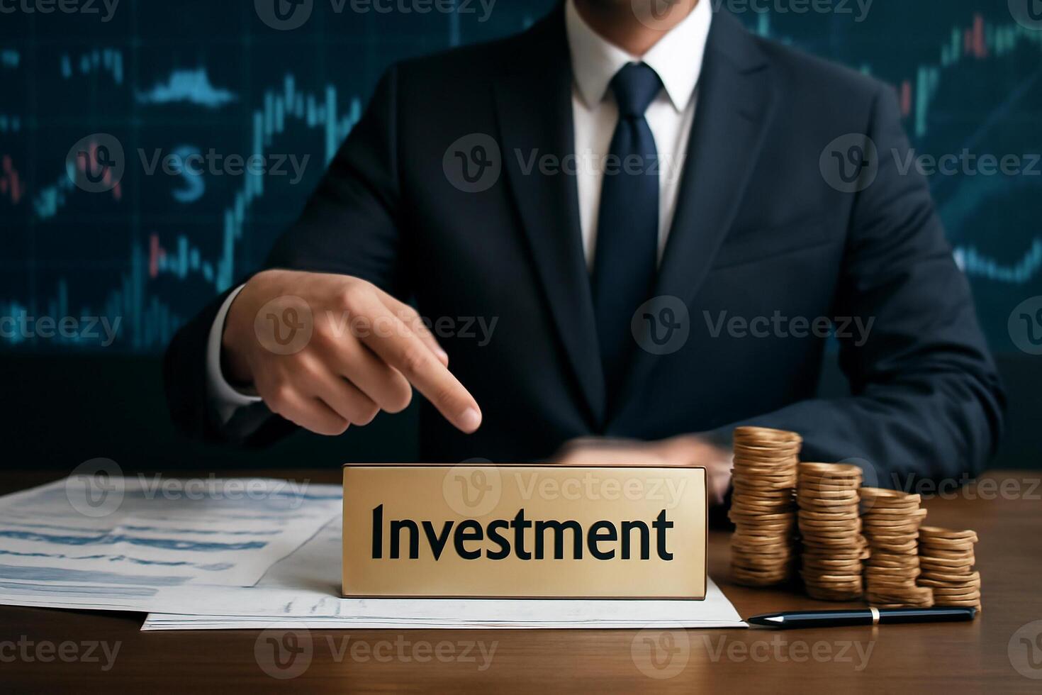 image of a businessperson in a suit pointing to a golden metal sign labeled Investment financial graphs, stock boards, and coins, with a calm and trustworthy lighting setup. photo