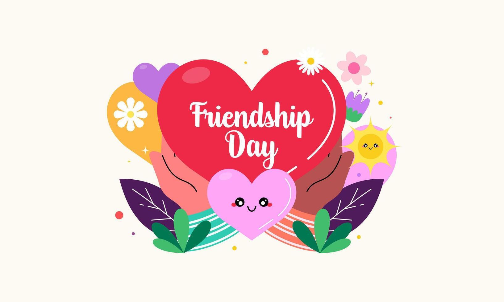 Hand Drawn Flat Background Happy Friendship Day Celebration with Hearts and Flowers. Perfect for Greeting Cards, Social Media Posts, Banner, and More vector