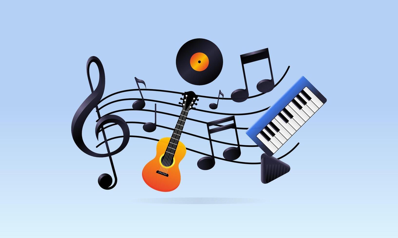 musical notes, guitar, and keyboard illustration vector