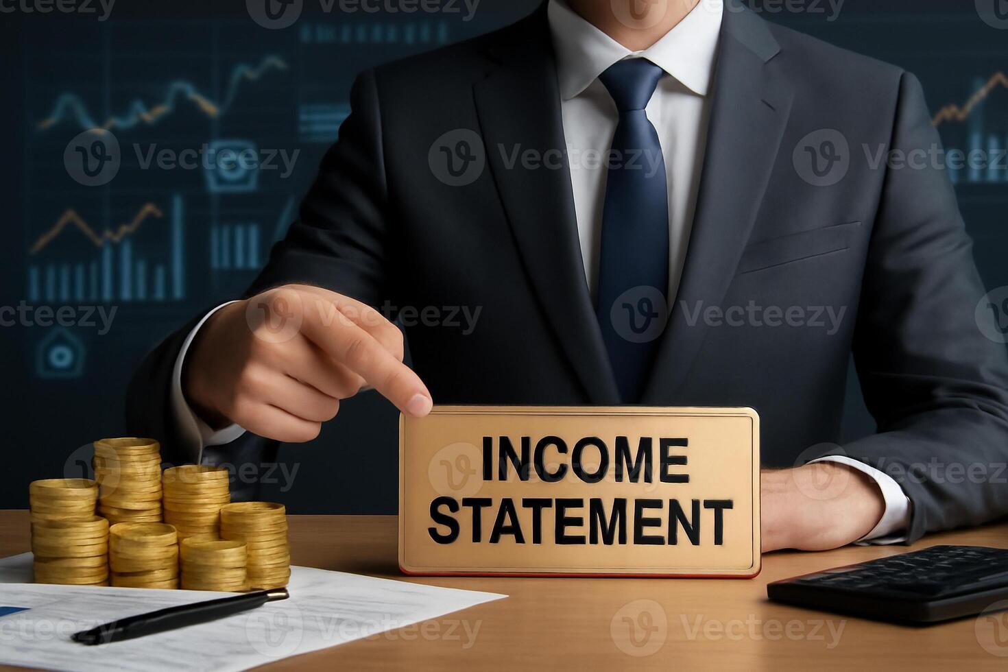 image of a businessman in a suit pointing to an income statement on a desk surrounded by coins, financial documents, and a background of financial graphs, portraying professionalism photo