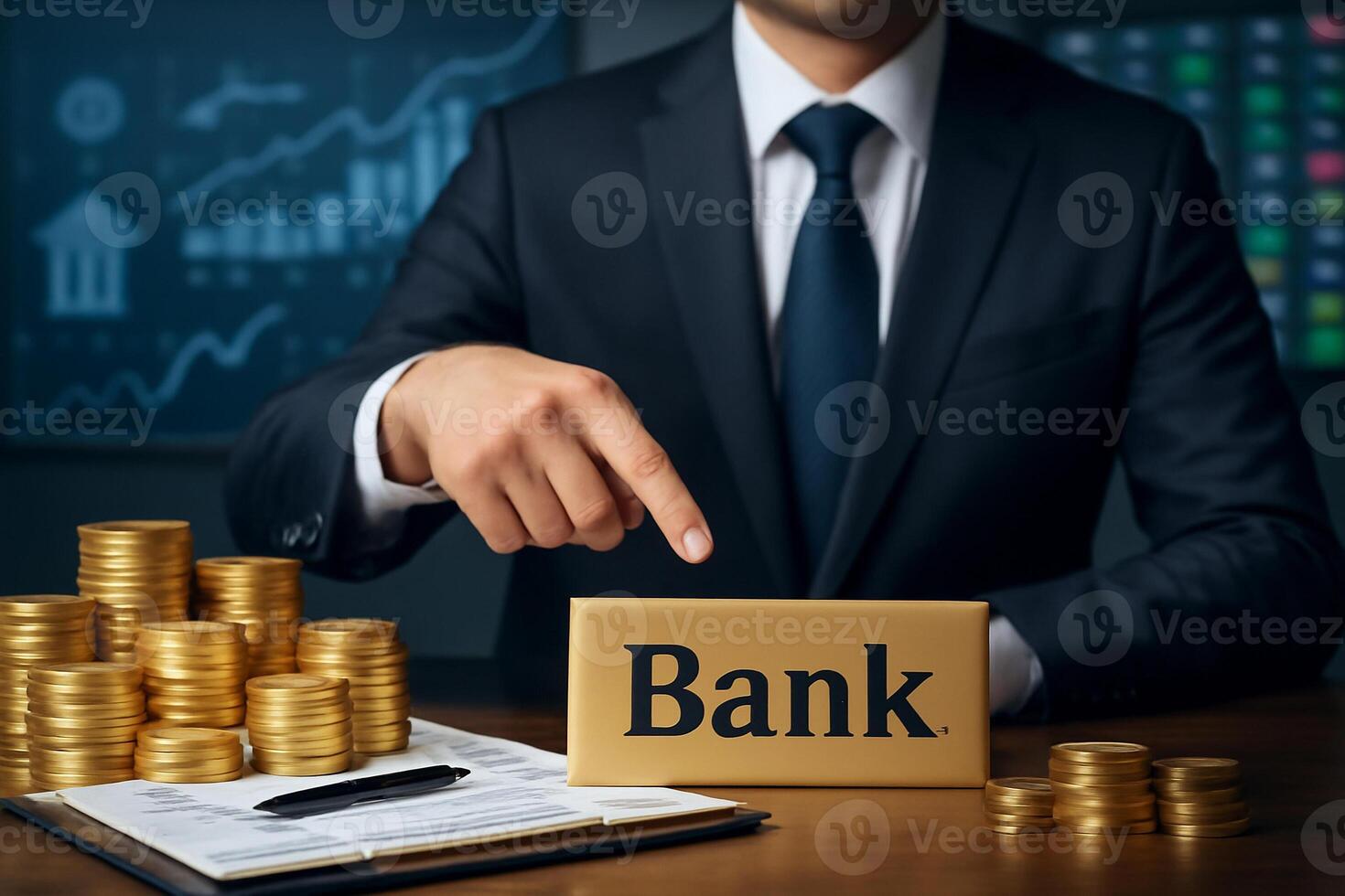 Bank concept with businessman pointing at the word bank on wooden table with stacks of gold coins photo