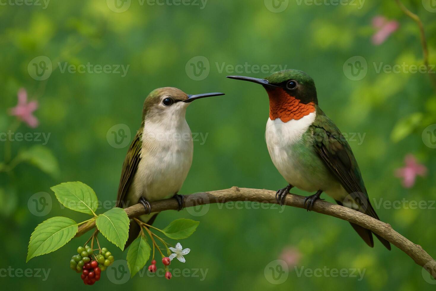 image of male and female rubythroated hummingbirds perched on a branch in a lush forest setting with soft daylight and vibrant natural details photo