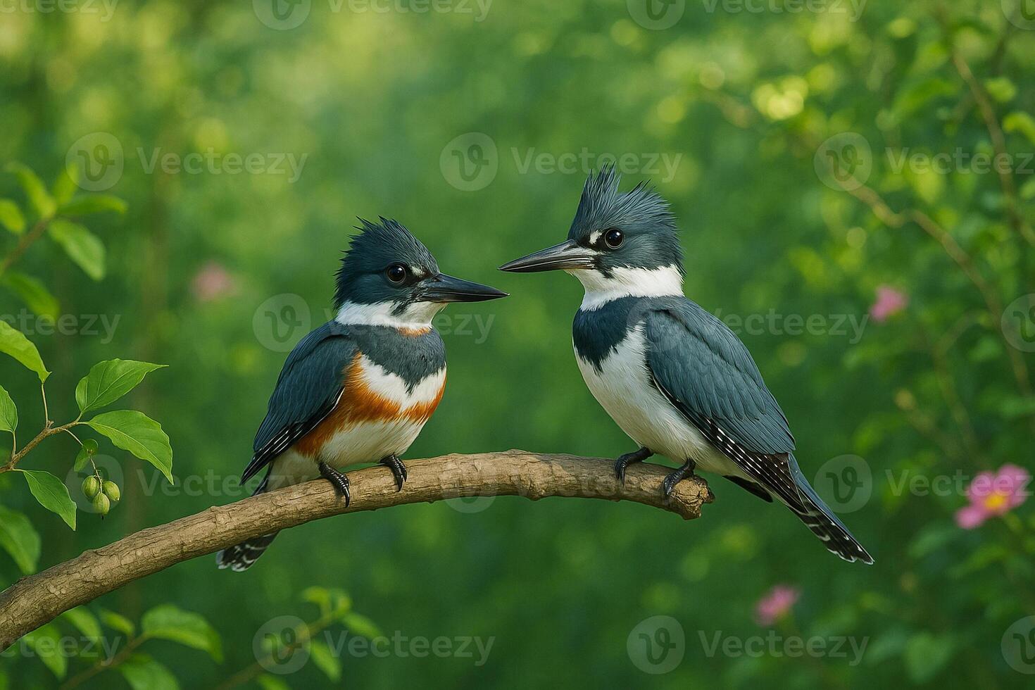 image of male and female belted kingfishers perched together on a tree branch surrounded by vibrant green forest and flowers in soft daylight photo