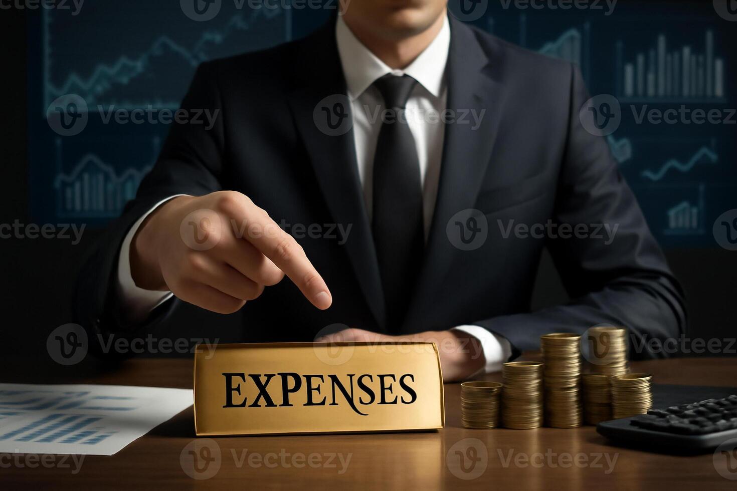 half body businessman pointing at gold expenses sign with coins documents and financial graphs in background clean focus on message professional and trustworthy tone photo