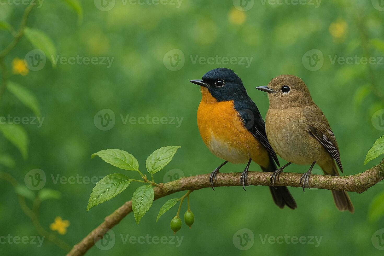 image of a male and female orangebreasted flycatcher perched side by side on a branch with green foliage and daylight creating a vivid natural and serene background photo