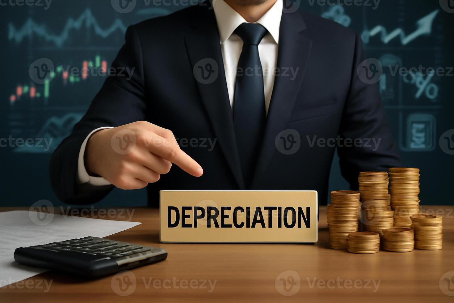 Image of a businessman in a suit pointing at a golden Depreciation sign on his desk with documents, gold coins, and financial graphs in the background. photo