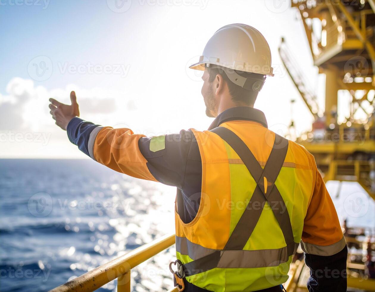 A man in an orange vest and hard hat pointing at the ocean photo