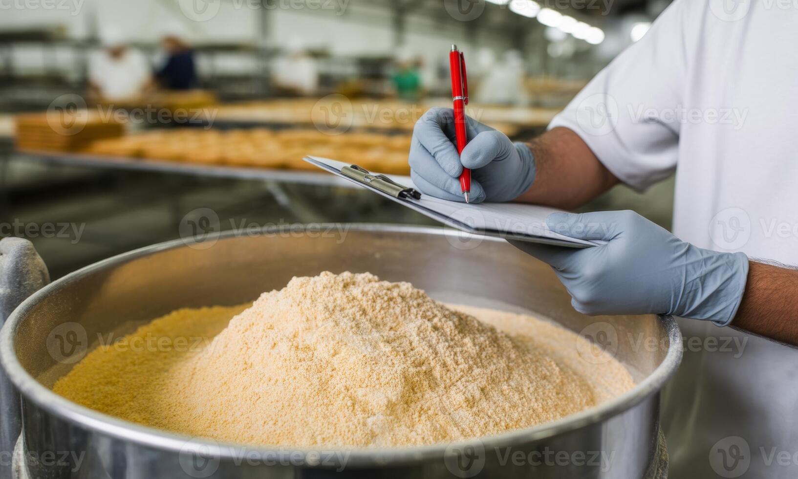 Worker gloved hands writing on clipboard inspecting flour in food production photo