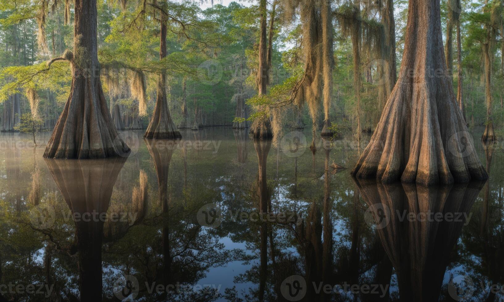 Ancient cypress trees with spanish moss reflected in calm swamp water at sunrise photo