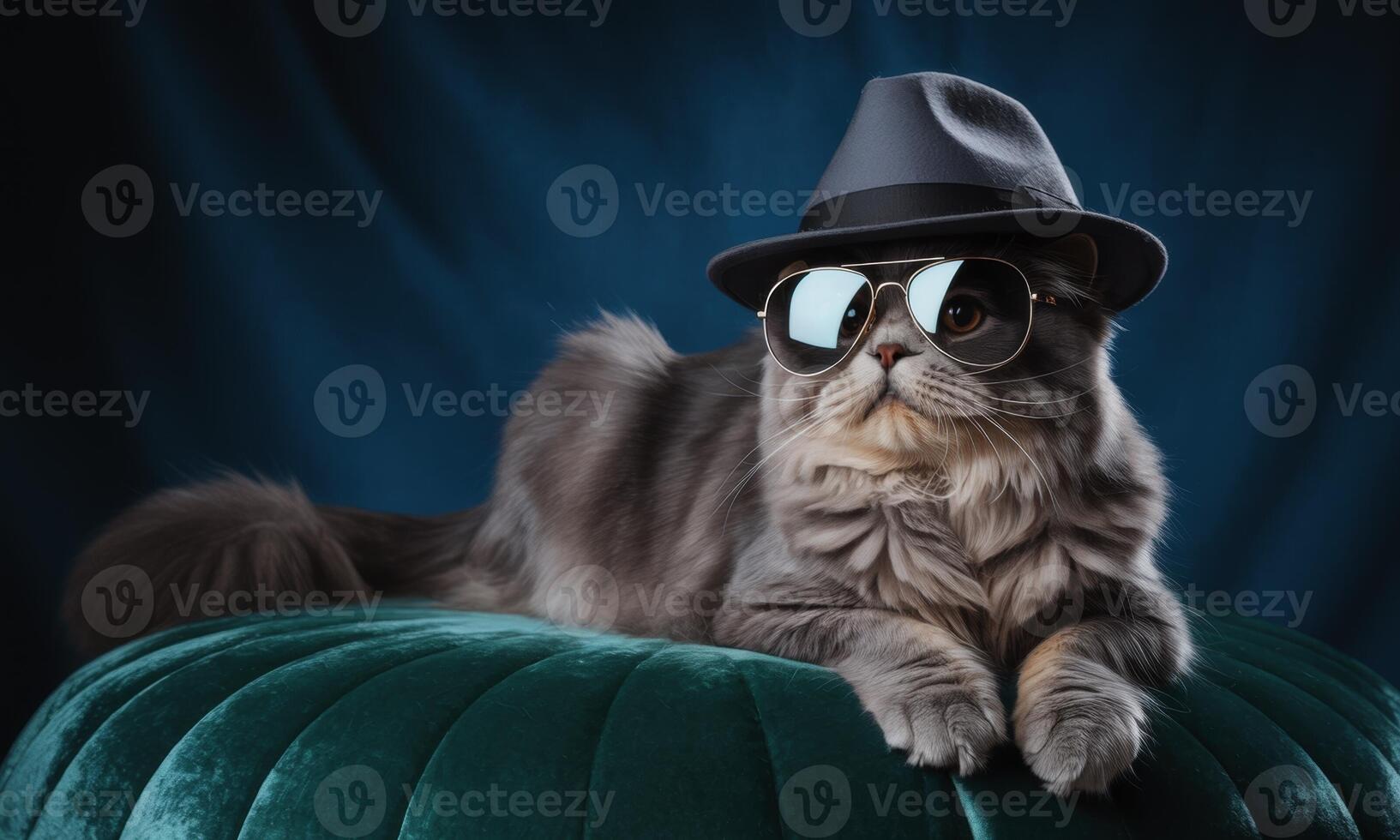 Sophisticated grey cat wearing a stylish fedora hat and aviator sunglasses on a green cushion photo