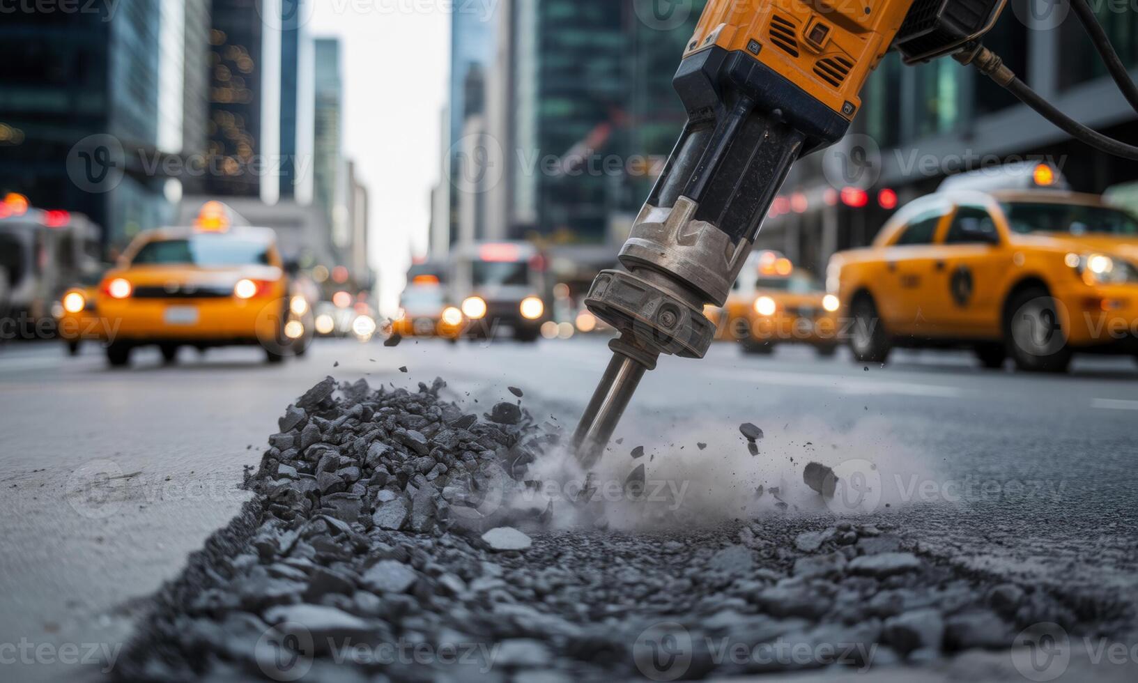 Pneumatic jackhammer breaking asphalt on a busy city street construction site photo