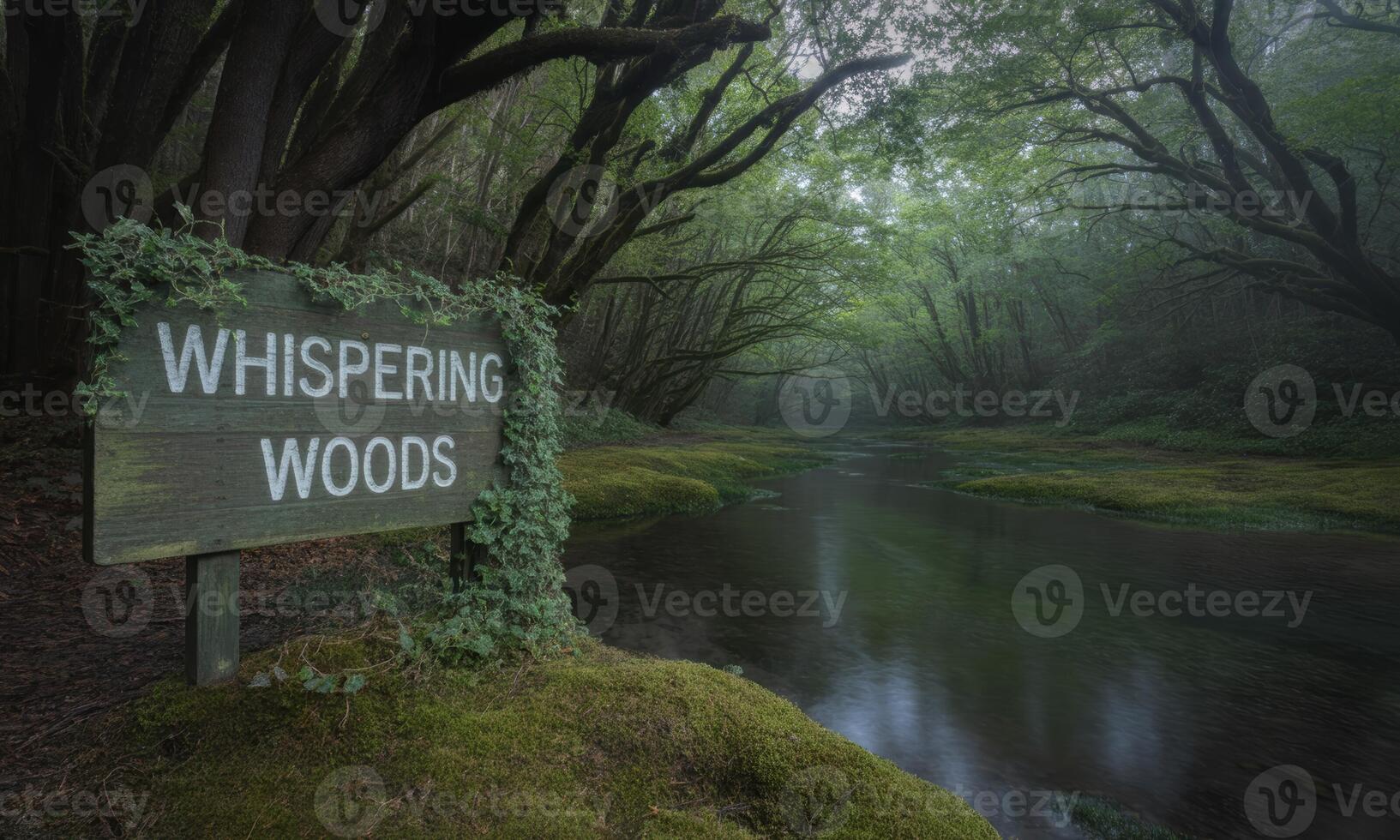 Whispering woods sign in a mystical green forest with a serene river photo