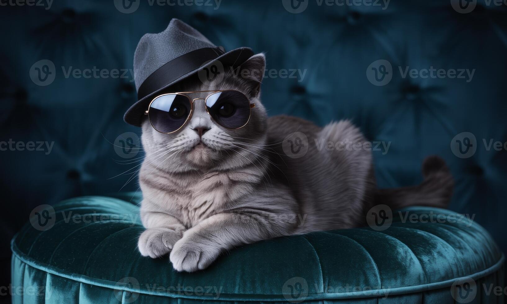 Sophisticated grey cat wearing a stylish fedora hat and cool aviator sunglasses on a velvet stool photo