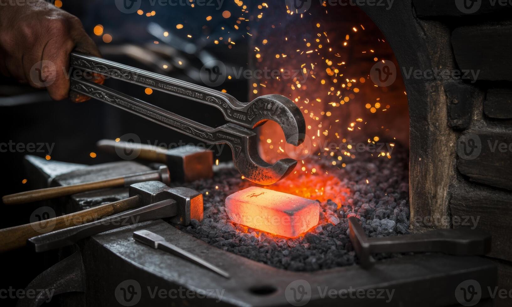 Blacksmith holding red hot metal with tongs in a fiery forge with sparks photo