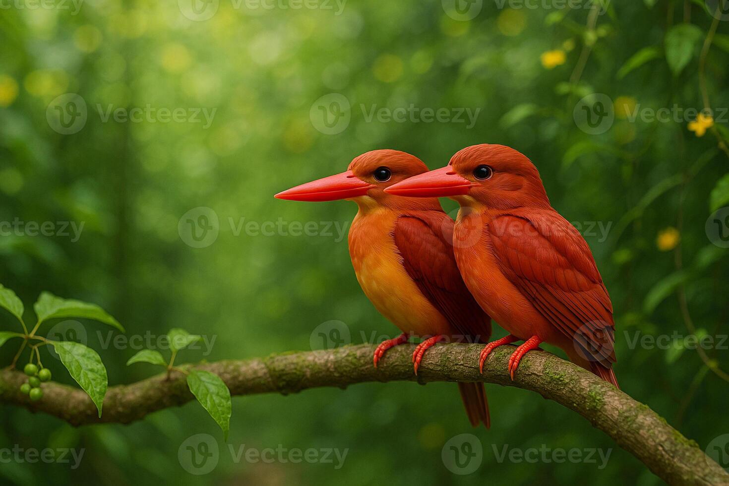image of a male and female ruddy kingfisher perched on a branch in a vibrant green forest under daylight with calm natural atmosphere and tropical freshness photo