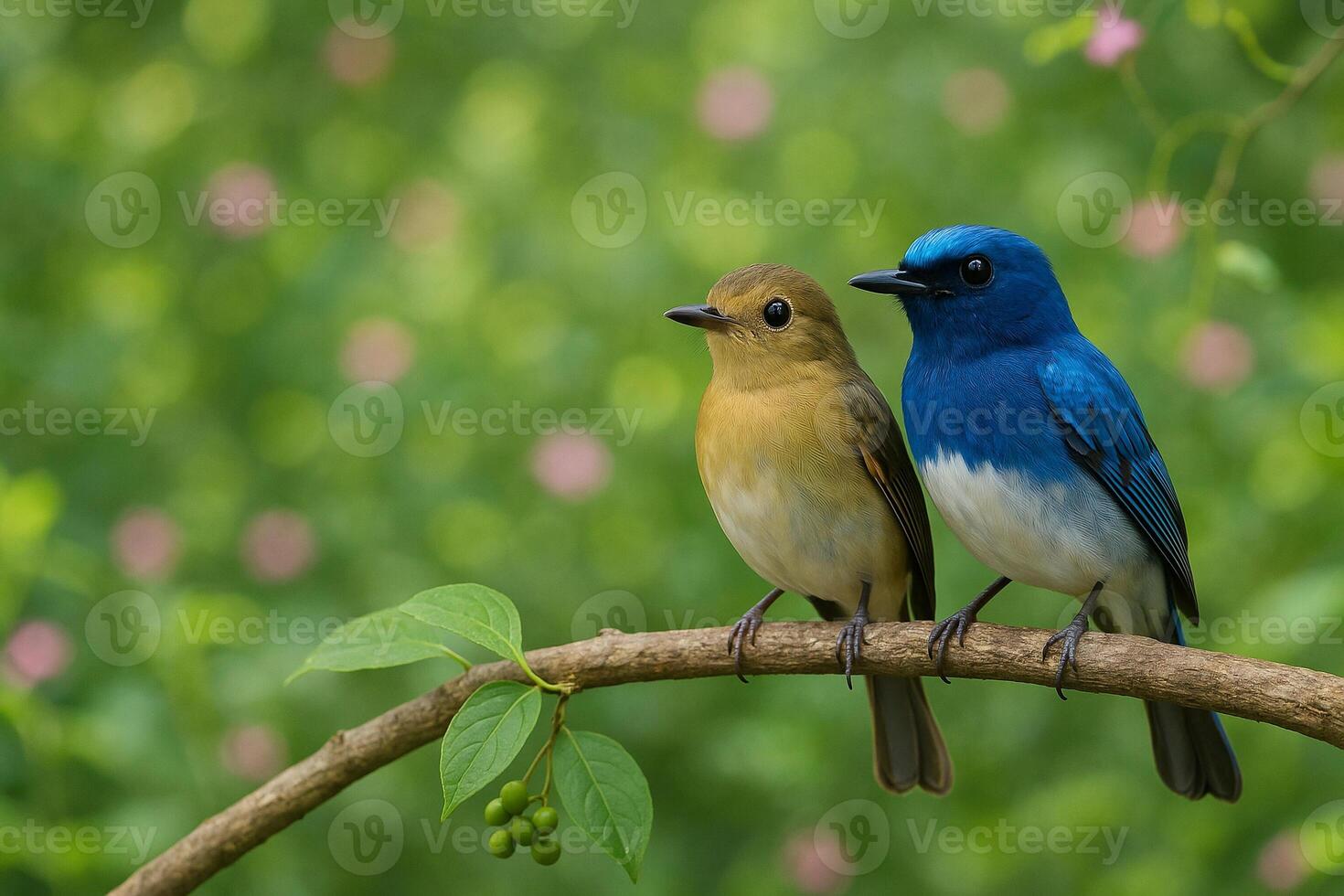 realistic image of male and female Cyornis concretus birds perched together on a forest branch with vibrant daylight and clean soft background for text space photo
