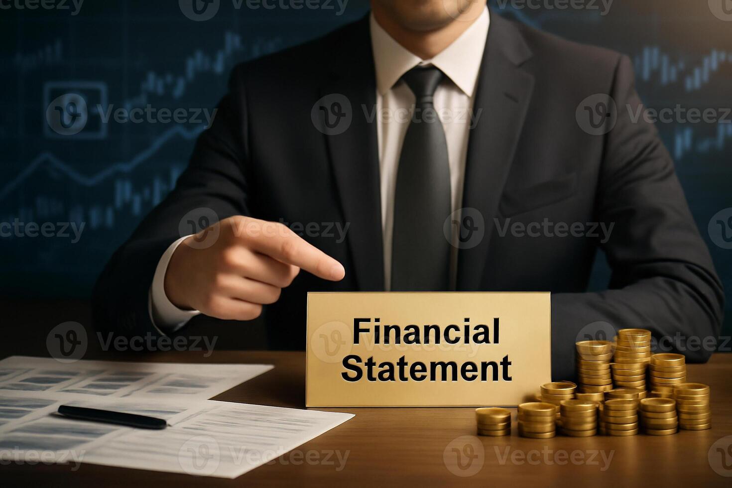 businessman pointing at a financial statement on a desk surrounded by coins and documents. The background displays financial data and graphs. Ideal for business, finance photo