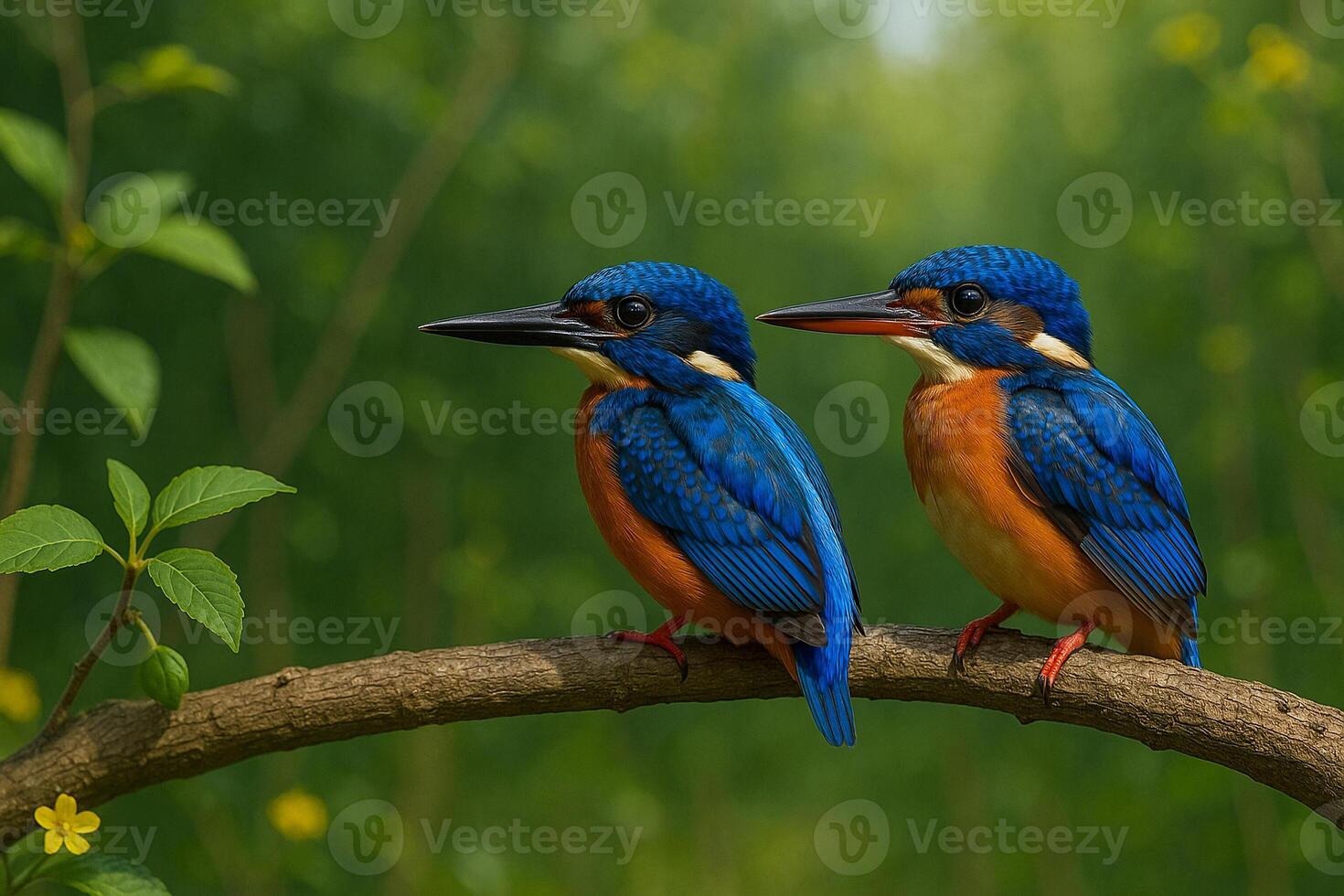 image of a male and female blueeared kingfisher perched closely on a branch in a lush green forest background with bright daylight and peaceful natural ambiance photo