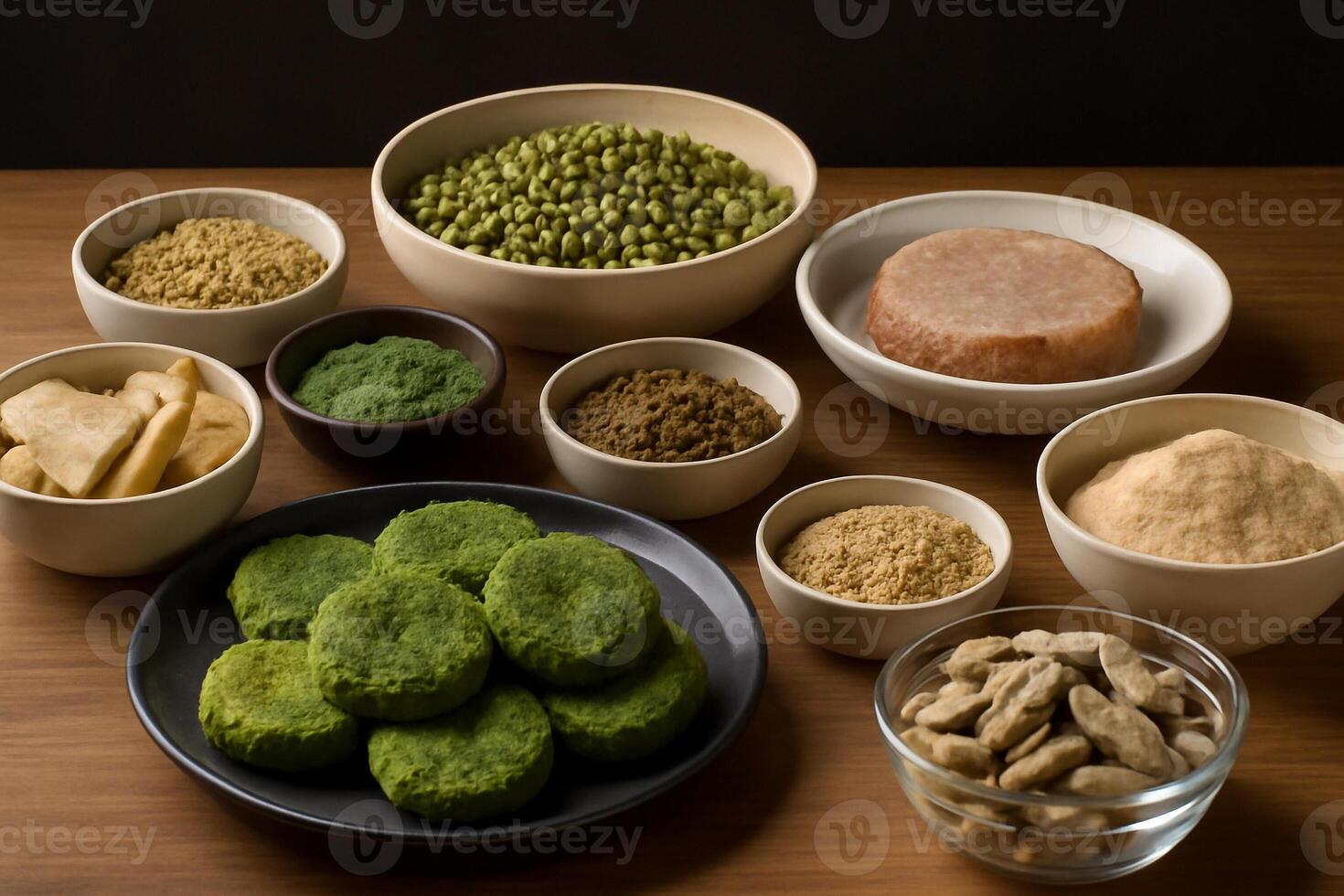 Various types of food including green beans, nuts and seeds photo