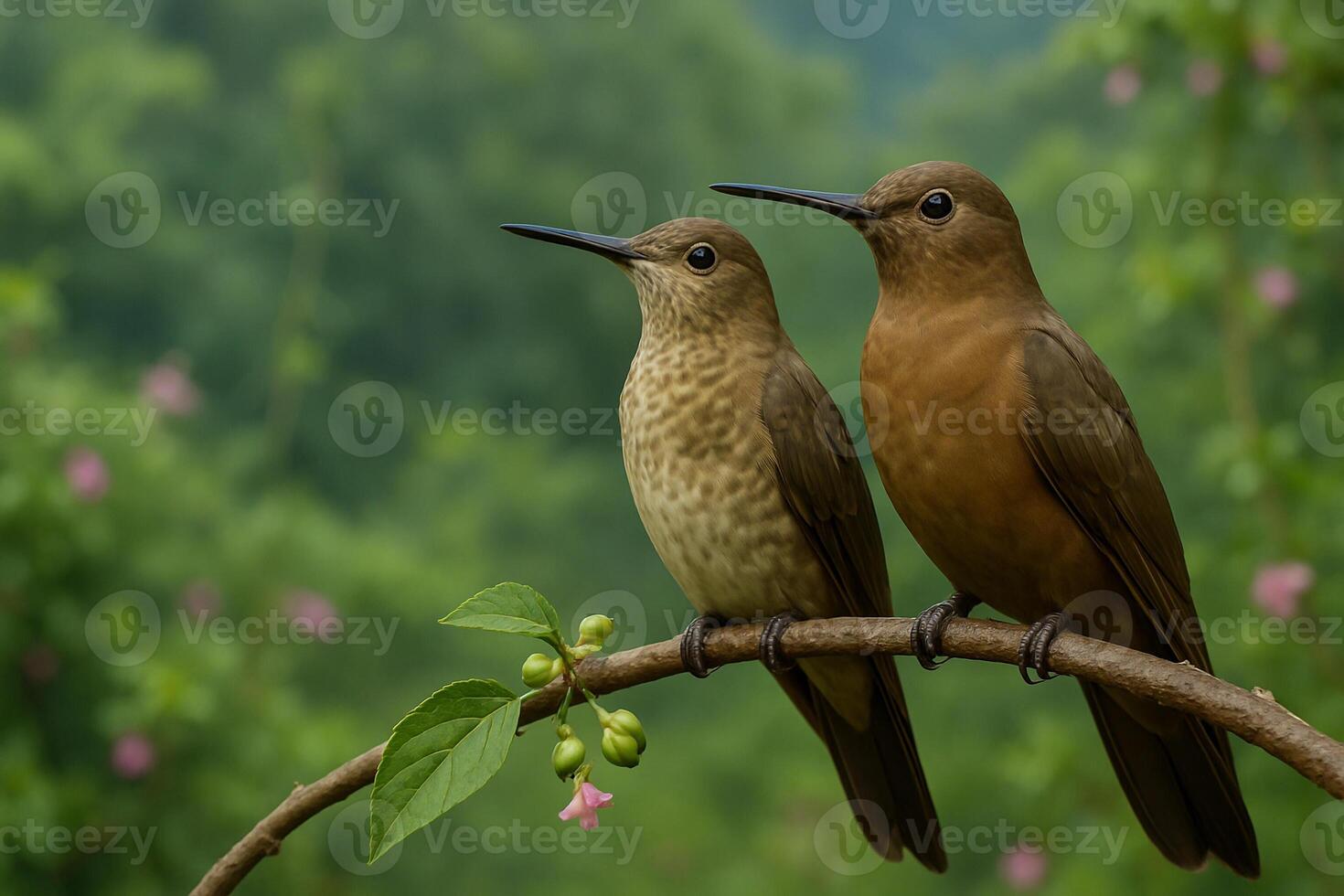 image of a male and female giant hummingbird perched on a branch in a vibrant forest with soft daylight and blurred floral background photo