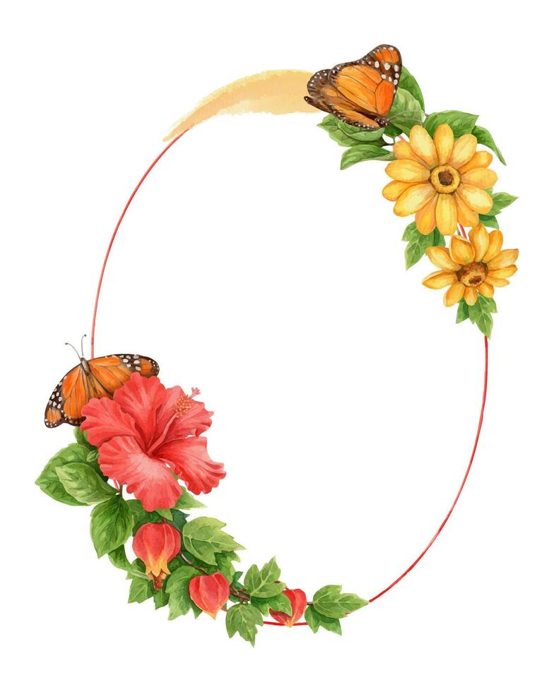 Oval watercolor wreath with hibiscus flower and monarch butterfly. Hand drawn summer design in bright green and yellow tones. Frame ideal for positive card template and seasonal floral artwork. vector