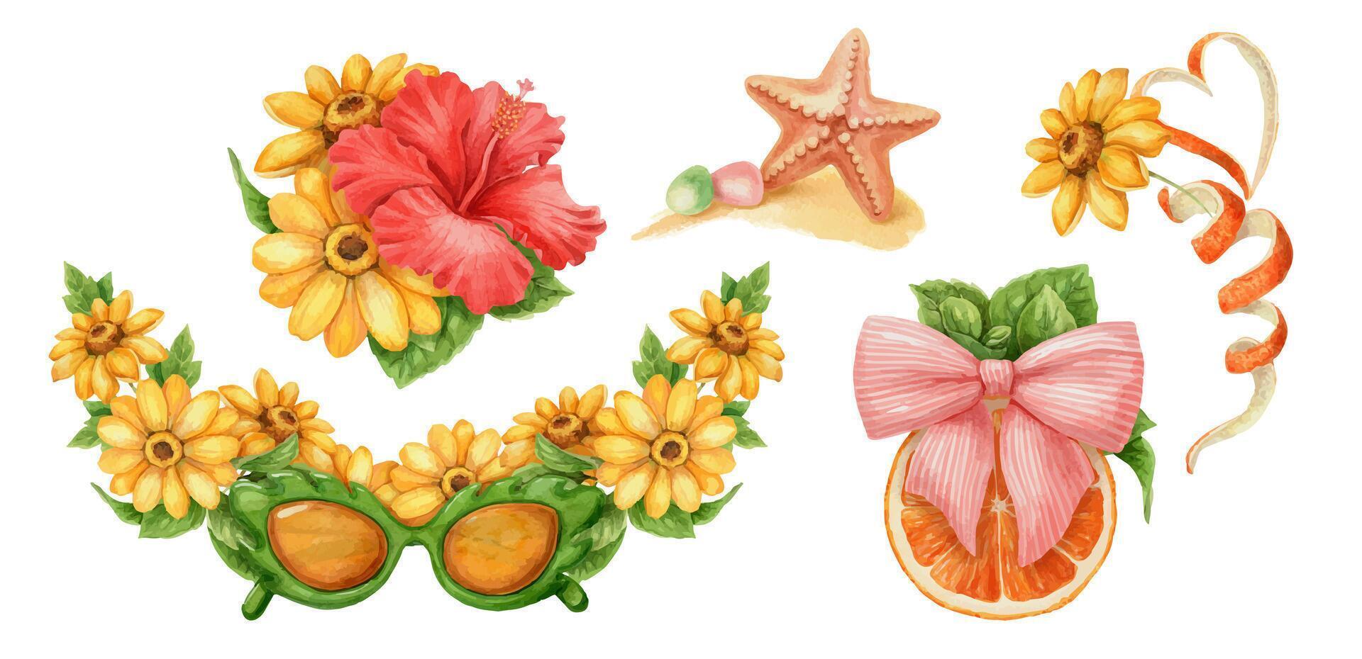 Colorful summer flowers, starfish, and decorations. vector
