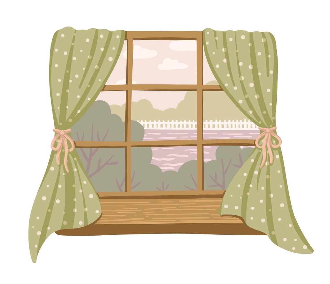 Window with summer countryside view and cozy home details. Hand drawn cute illustration with tree lake and village landscape. Ideal for book scene decoration and web design with rural concept. vector
