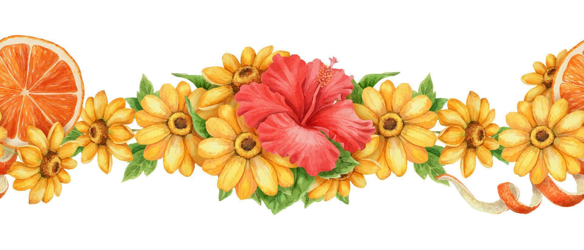 Floral arrangement with hibiscus and oranges vector