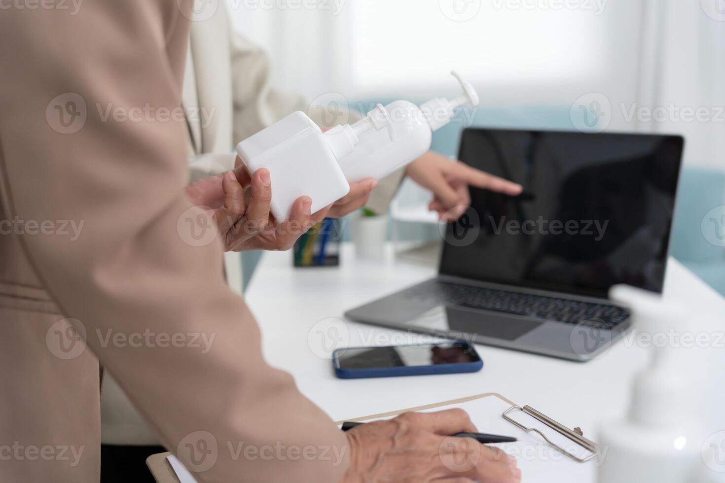 Business or work woman present product for customer, research and development discuss and point weakness and strong of product, investment, marketing, trending products report, findings and idea photo